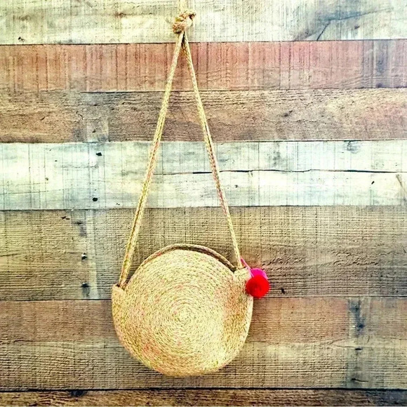 NWOT Shiraleah Round Woven Neon W Pom Pom Crossbody - Picture 2 of 10